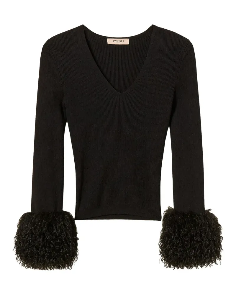 Twin-Set Gerippter Pullover mit Faux Fur - Schwarz Schwarz