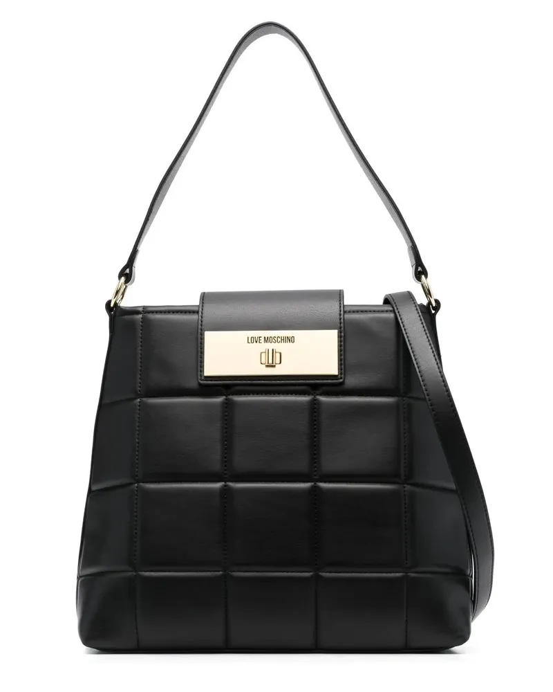 Moschino Gesteppte Schultertasche mit Logo-Schild - Schwarz Schwarz
