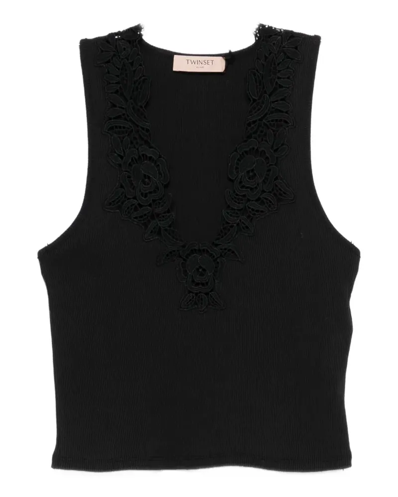 Twin-Set lace-trim ribbed top - Schwarz Schwarz