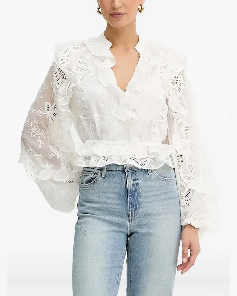 Bardot Gerüschtes Top mit Stickerei - Weiß Weiß