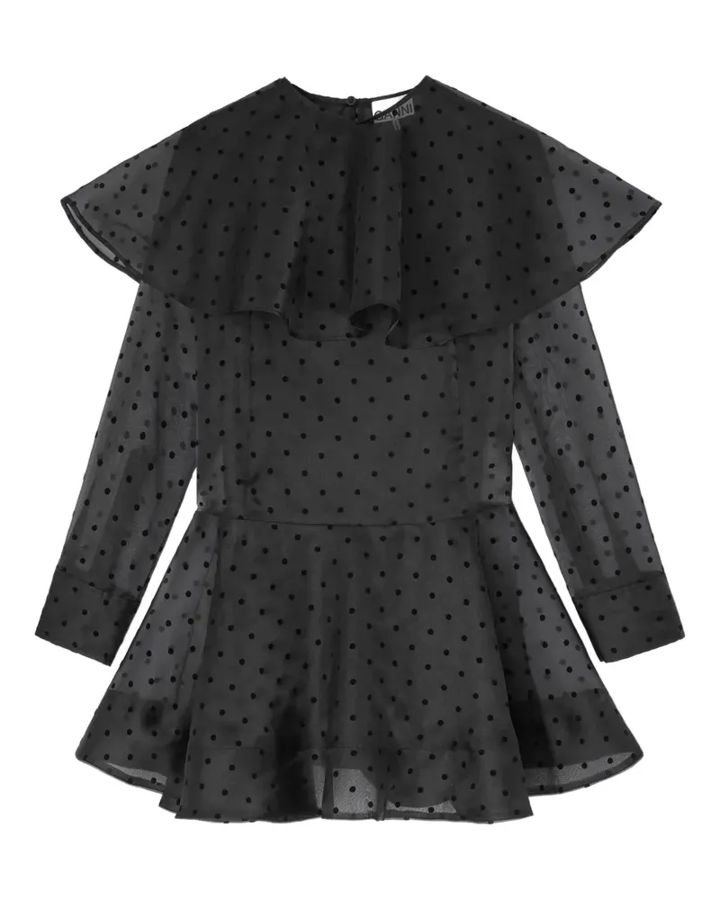 Ganni Gepunktetes Minikleid mit Rüschen - Schwarz Schwarz