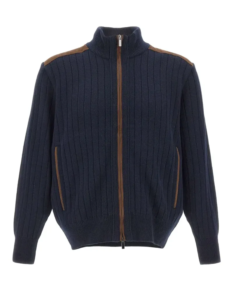 Paul & Shark ribbed-knit suede-panel cardigan - Blau Blau