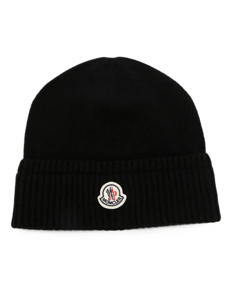 Moncler logo-patch ribbed-knit beanie hat - Schwarz Schwarz