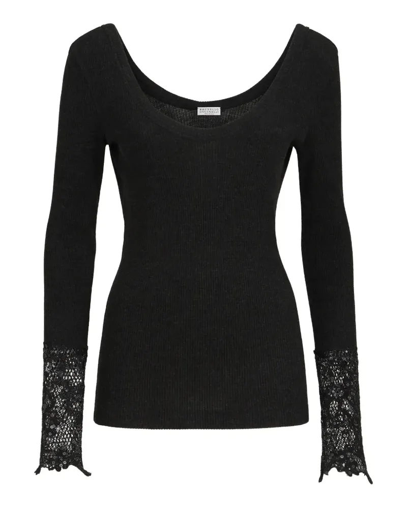 Brunello Cucinelli Gerippter Pullover aus Wolljersey mit Dazzling-Spitzenstickerei - Schwarz Schwarz