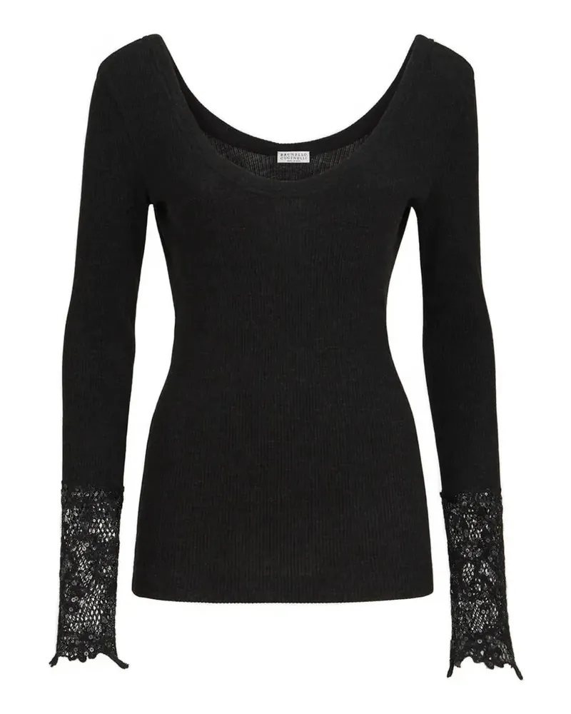 Brunello Cucinelli Gerippter Pullover aus Wolljersey mit Dazzling-Spitzenstickerei - Schwarz Schwarz
