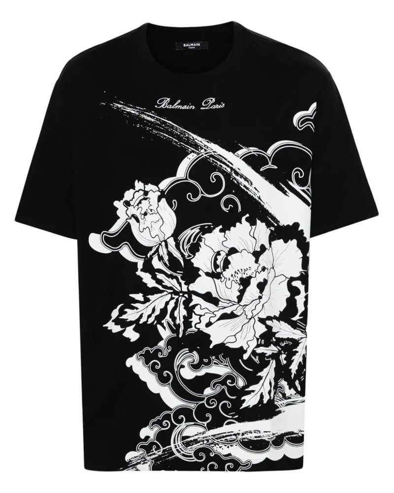 Balmain T-Shirt mit Flower-Print - Schwarz Schwarz