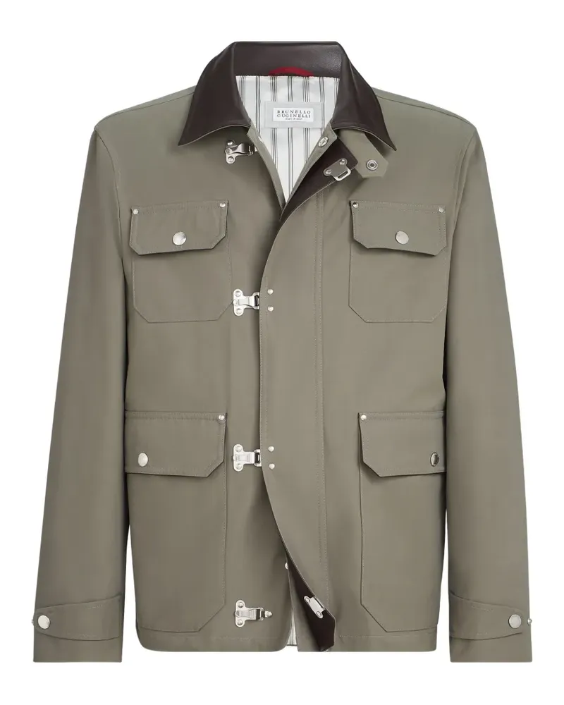 Brunello Cucinelli Wasserabweisende Jacke aus Techno-Baumwoll-Gabardine mit Ledereinsätzen und Hakenverschluss - Grün Grün