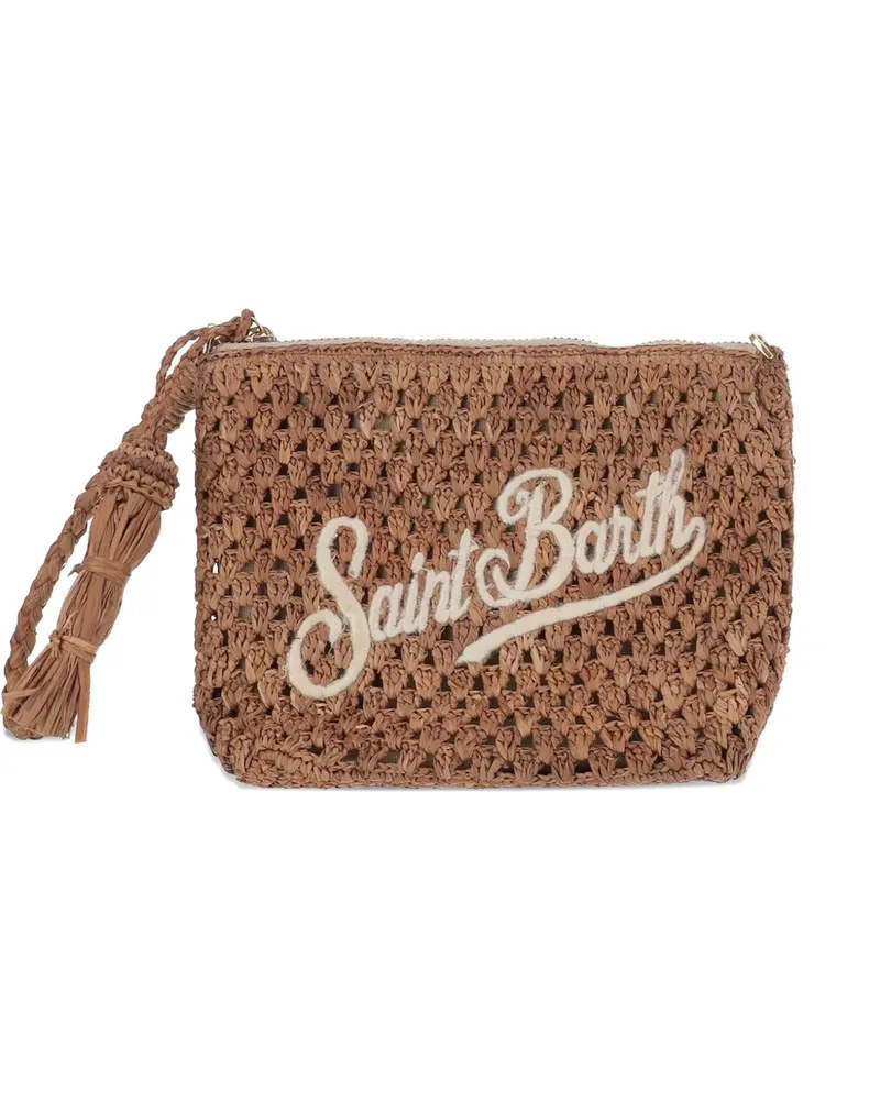 MC2 Saint Barth Raffia perforated logo-lettering clutch bag - Braun Braun