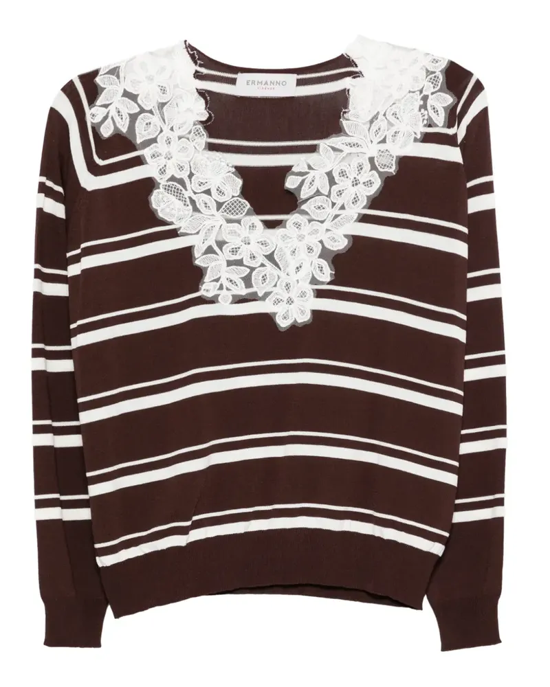 Ermanno Scervino striped floral lace T-shirt - Braun Braun