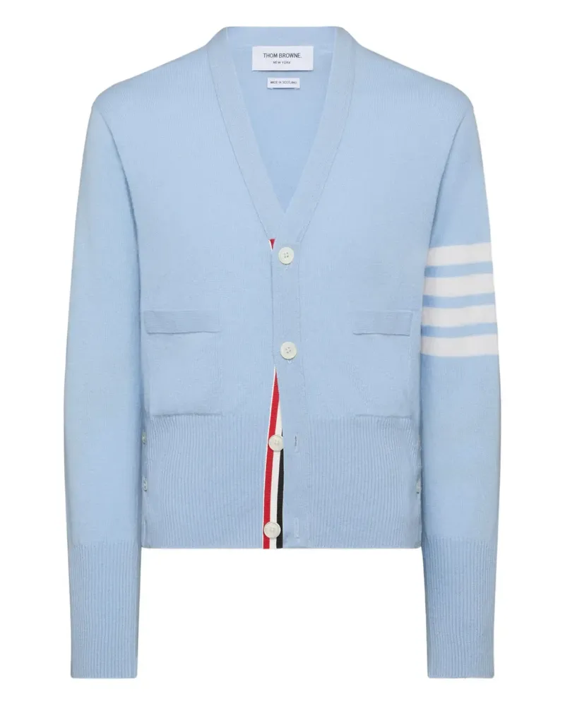 Thom Browne CLASSIC V-NECK CARDIGAN WITH WHITE 4-BAR STRIPE IN CASHMERE - Blau Blau