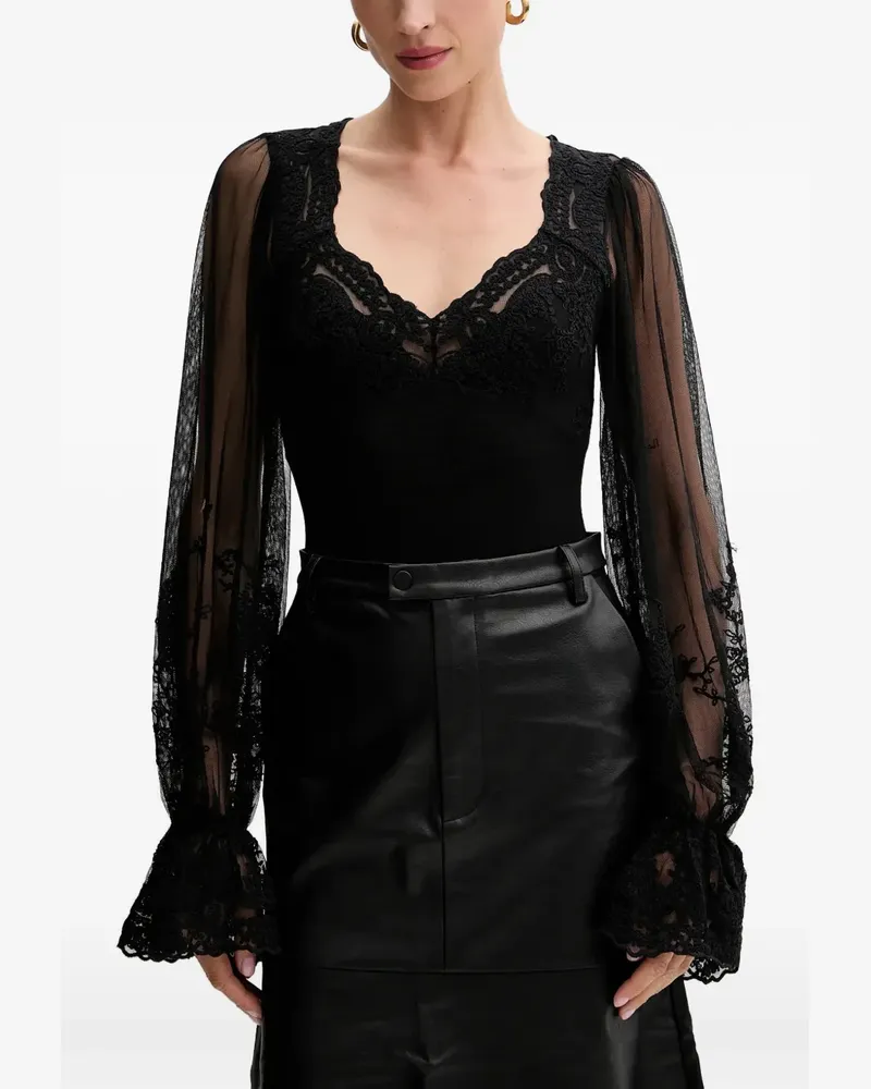 Bardot Langärmeliger Body aus Spitze - Schwarz Schwarz