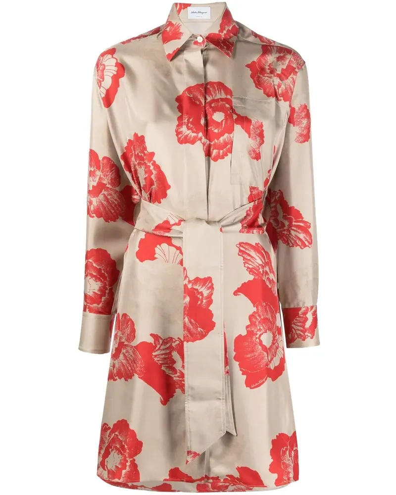 Ferragamo Geblümtes Hemdkleid mit Gürtel - Nude Nude
