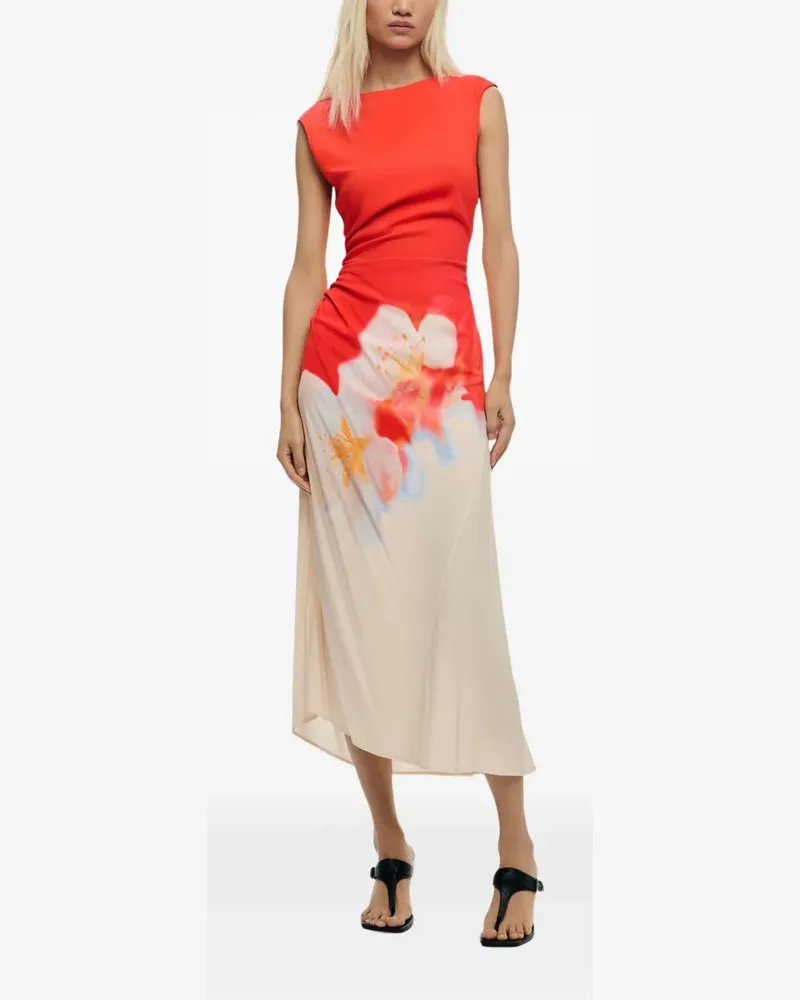 Desigual Gerafftes Midikleid mit Blumenprint - Rot Rot