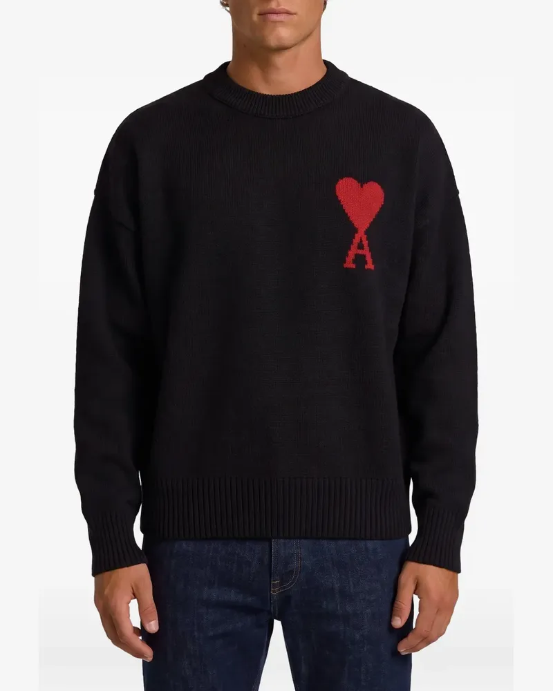 AMI Paris black crewneck wool sweater with Ami de Coeur - Schwarz Schwarz