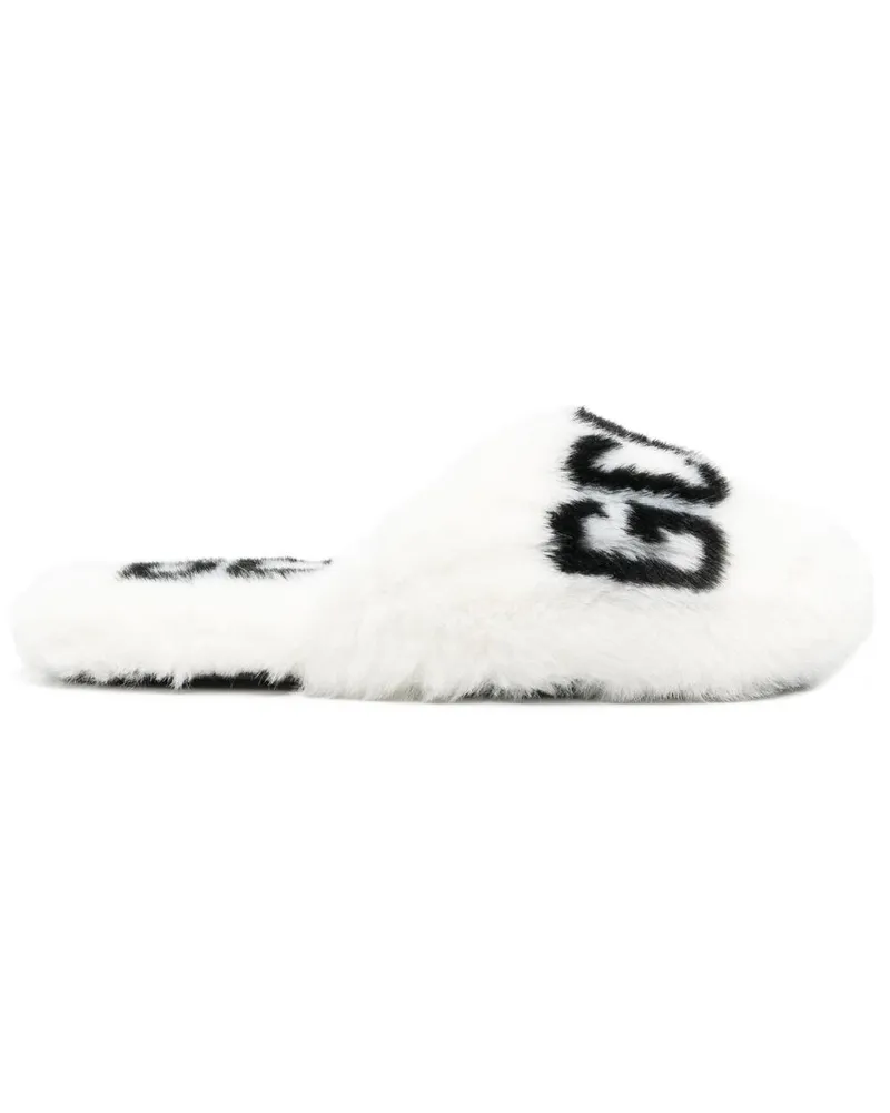 GCDS Mules aus Faux Fur mit Logo-Print Weiß