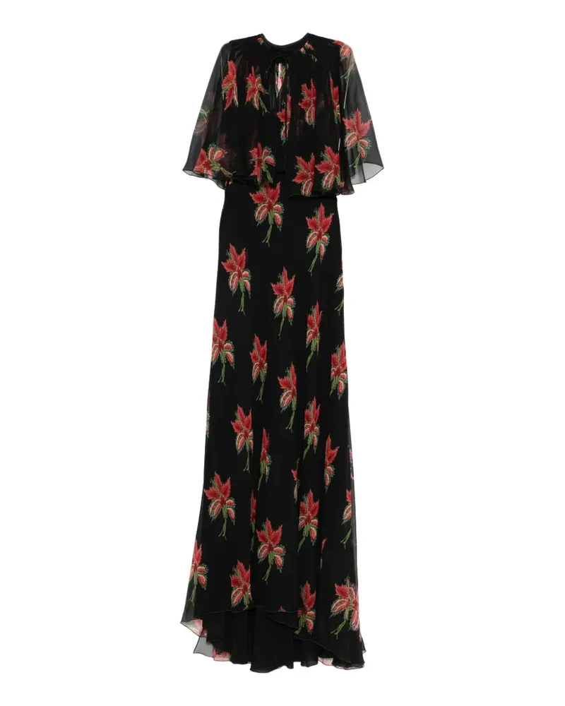 Valentino Garavani floral-print cape-sleeve dress - Schwarz Schwarz