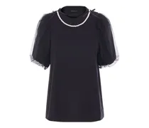 Puffärmel-T-Shirt mit Perlen - Schwarz