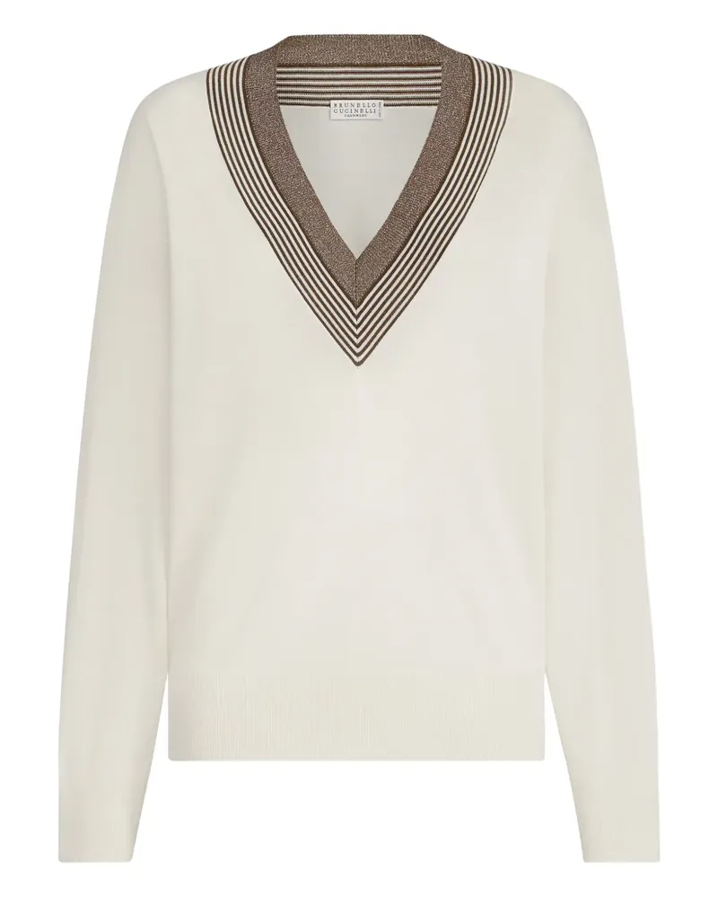 Brunello Cucinelli Gestreifter Pullover mit V-Ausschnitt - Nude Nude