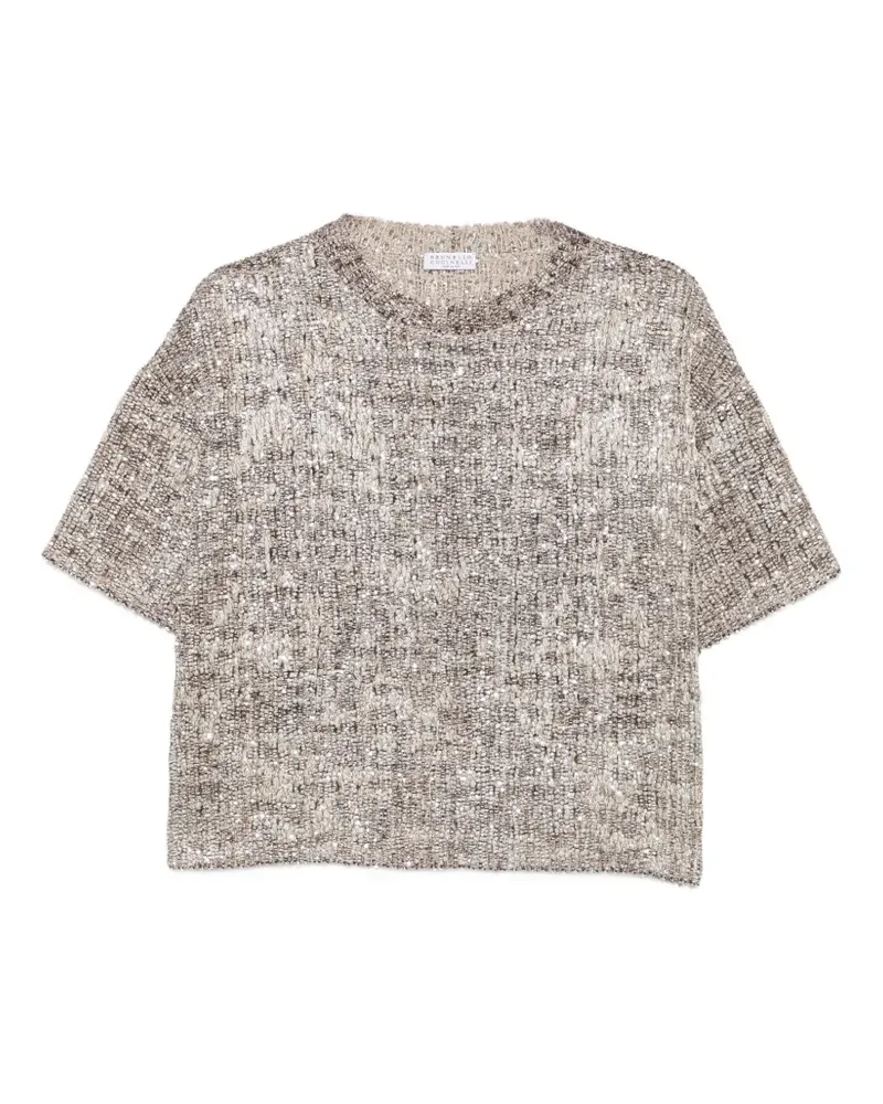 Brunello Cucinelli Dazzling T-Shirt aus Mohär und Wolle mit Craquelé-Stickerei - Nude Nude