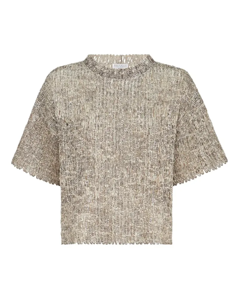 Brunello Cucinelli Dazzling craquelé-embroidery T-shirt in mohair and wool - Nude Nude