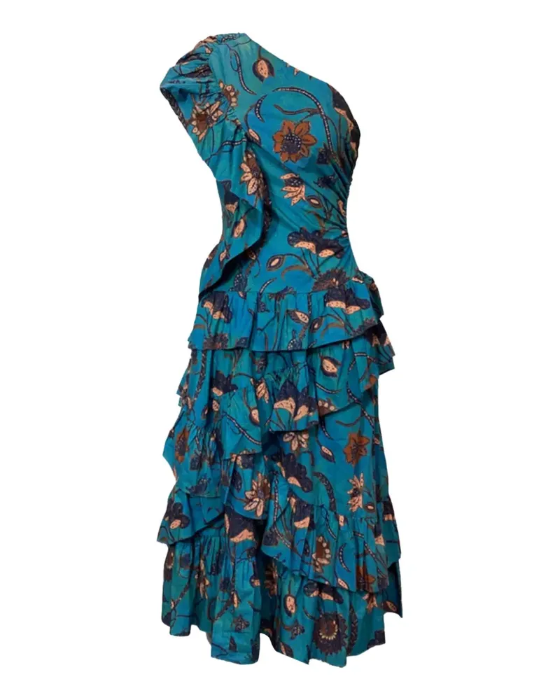 Ulla Johnson Gerüschtes Ondine One-Shoulder-Midikleid mit Blumen - Blau Blau