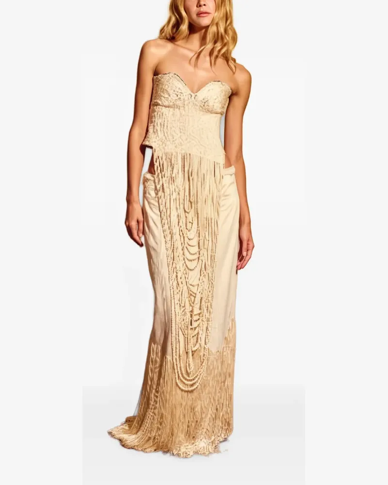 BLESS fringe-trim strapless top - Nude Nude