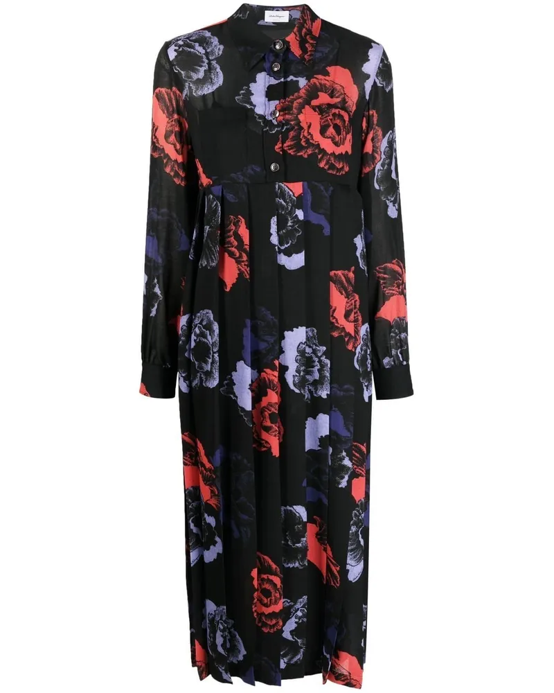 Ferragamo Midikleid mit Blumen-Print - Schwarz Schwarz