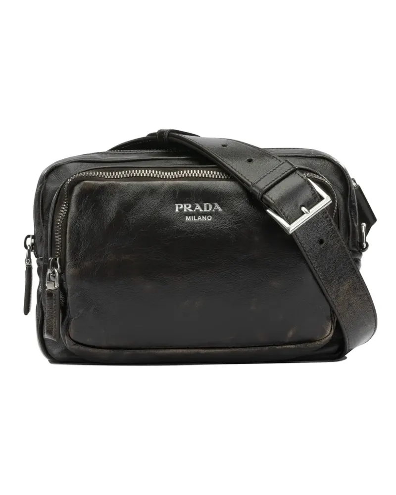 Prada Distressed logo-print leather shoulder bag - Braun Braun