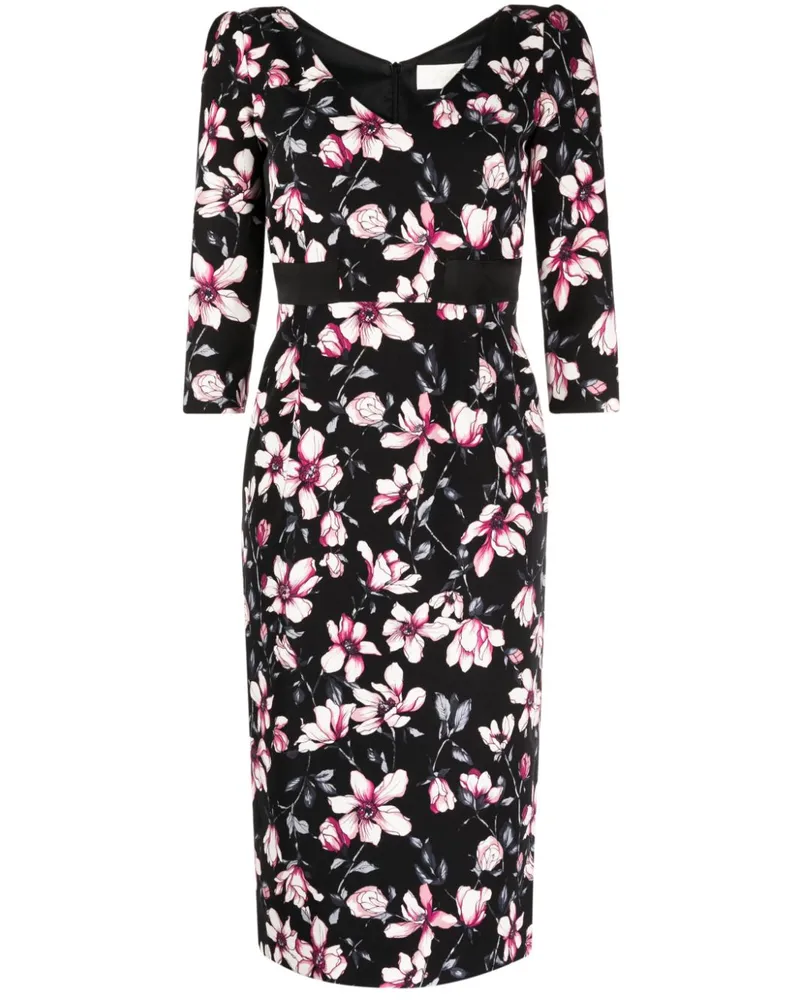 JANE Atelier Scarlet Midikleid mit Magnolien-Print - Schwarz Schwarz