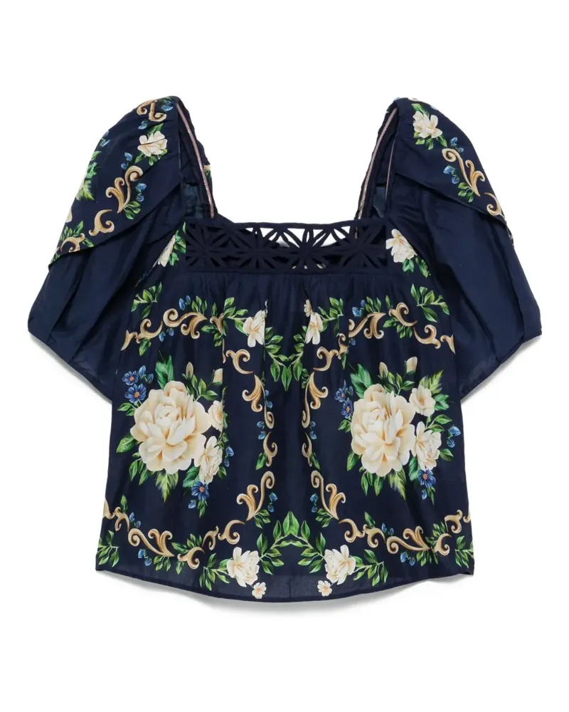 FARM Rio Florale Bluse mit Puffärmeln - Blau Blau