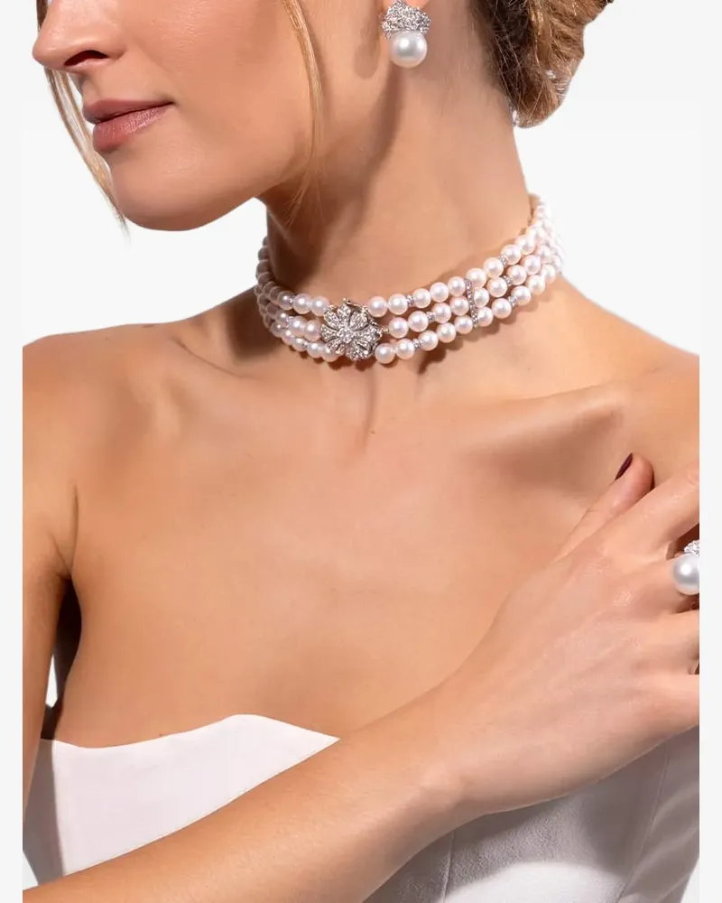 YOKO London Classic Choker mit Süßwasserperlen und Diamantverschluss - Weiß Weiß