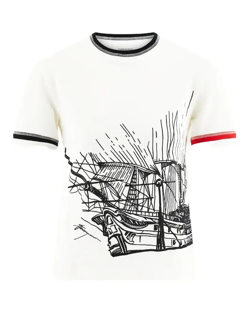 Ferragamo T-Shirt aus Baumwolle mit Schiffs-Print - Weiß Weiß