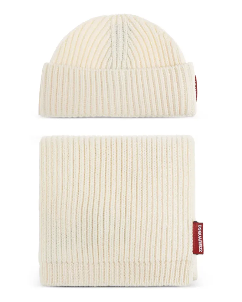Dsquared2 logo-patch ribbed beanie hat set - Nude Nude