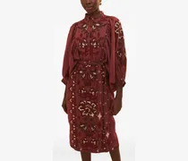 Puffärmel-Midikleid mit Toucans Scarf-Stickerei - Rot