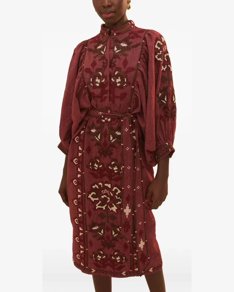 FARM Rio Puffärmel-Midikleid mit Toucans Scarf-Stickerei - Rot Rot