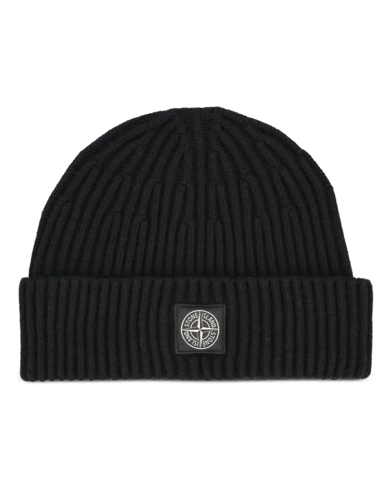 Stone Island logo-patch ribbed-knit beanie hat - Schwarz Schwarz