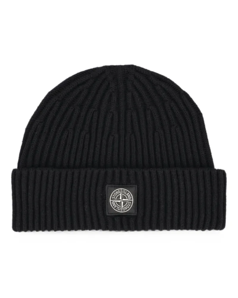 Stone Island logo-patch ribbed-knit beanie hat - Schwarz Schwarz