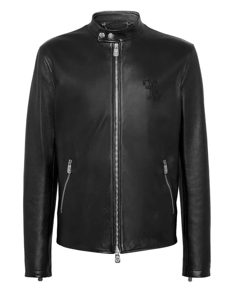 Billionaire Bestickte Lederjacke mit Reißverschluss - Schwarz Schwarz