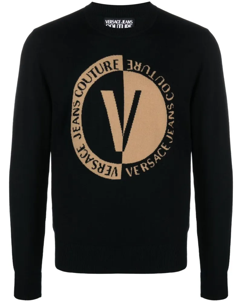 Versace Jeans Pullover mit Intarsien-Logo Schwarz