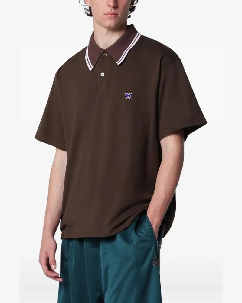 NEEDLES butterfly-embroidered striped-collar polo shirt - Braun Braun
