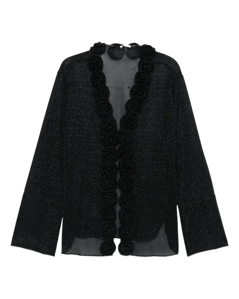 Oséree Bluse im Glitter-Look mit Rosendetail - Schwarz Schwarz