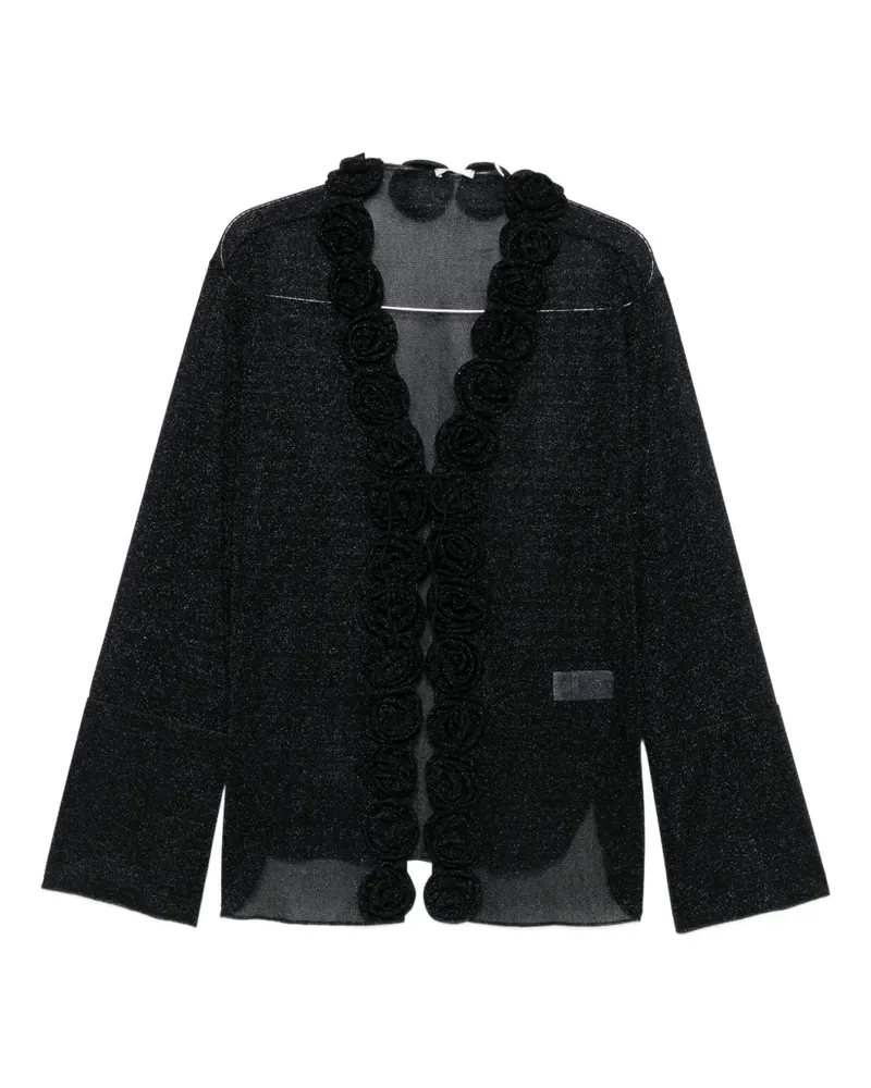 Oséree Bluse im Glitter-Look mit Rosendetail - Schwarz Schwarz