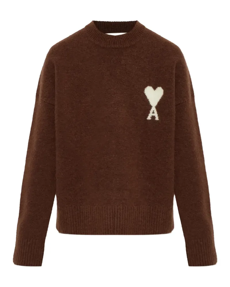 AMI Paris brown crewneck alpaca sweater with Ami de Coeur - Braun Braun