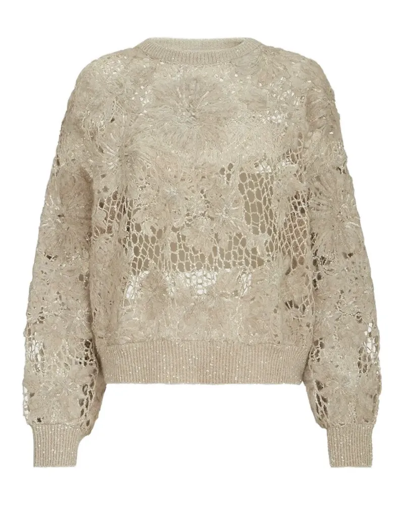 Brunello Cucinelli Bestickter Pullover aus funkelndem Mohär und Wolle - Nude Nude