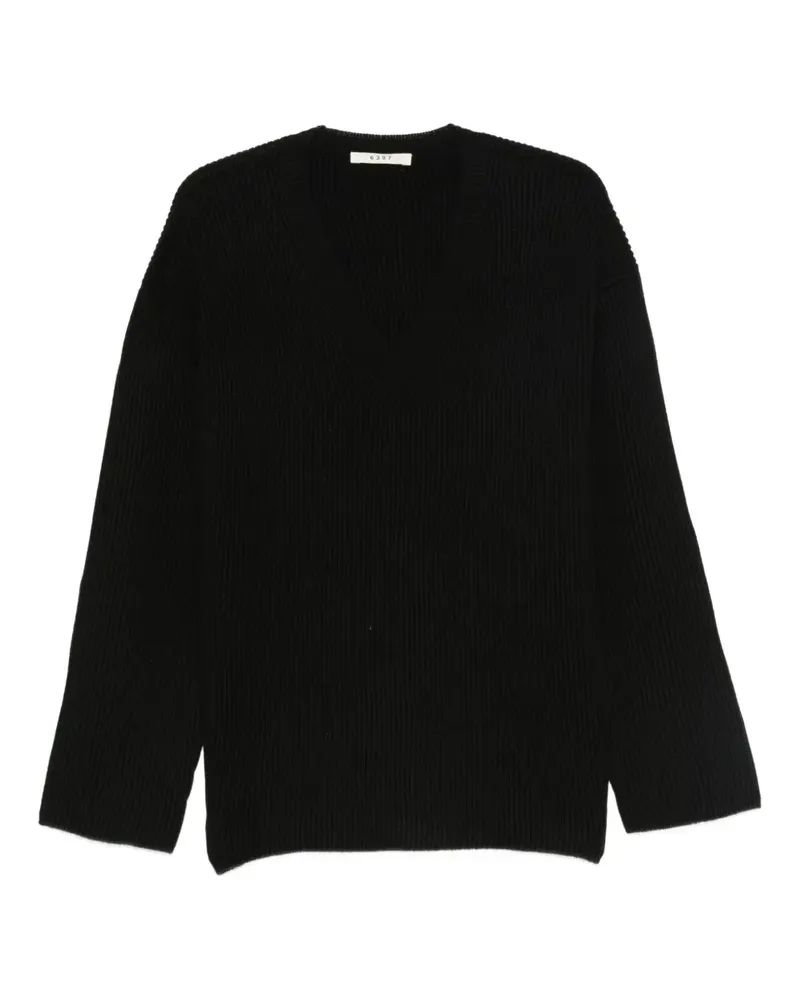 6397 Gerippter Pullover mit V-Ausschnitt - Schwarz Schwarz
