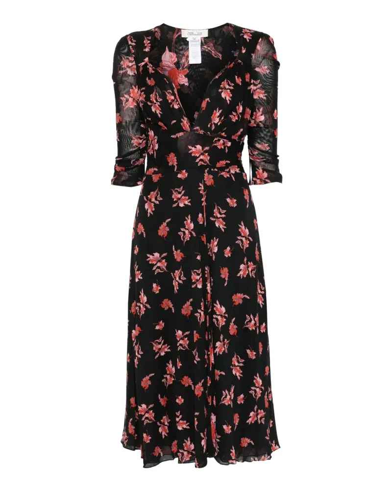 Diane von Furstenberg Gerafftes Carmen Midikleid mit Blumenprint - Schwarz Schwarz