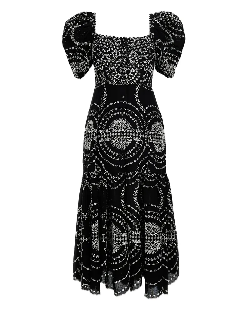 Charo Ruiz Besticktes Midikleid mit Puffärmeln - Schwarz Schwarz
