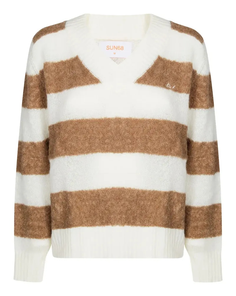 Sun68 Gestreifter Pullover mit V-Ausschnitt - Weiß Weiß
