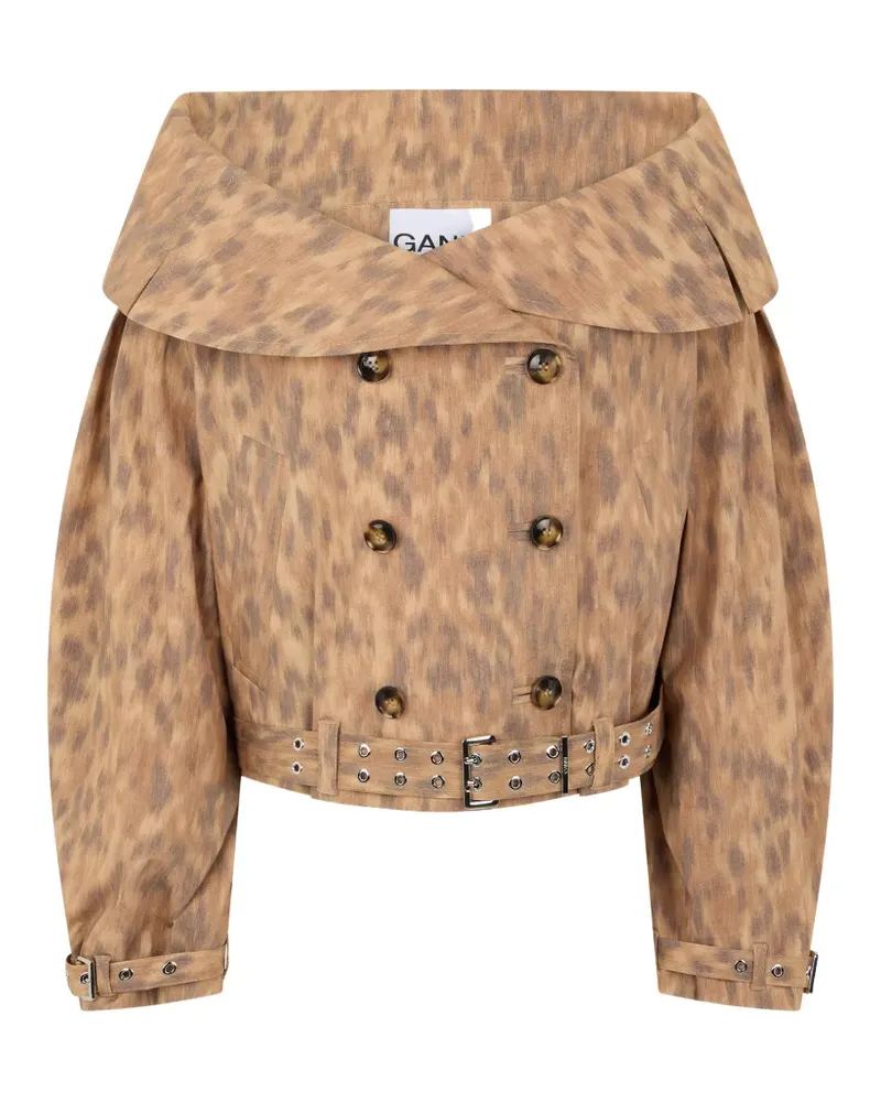 Ganni leopard-print off-shoulder jacket - Nude Nude