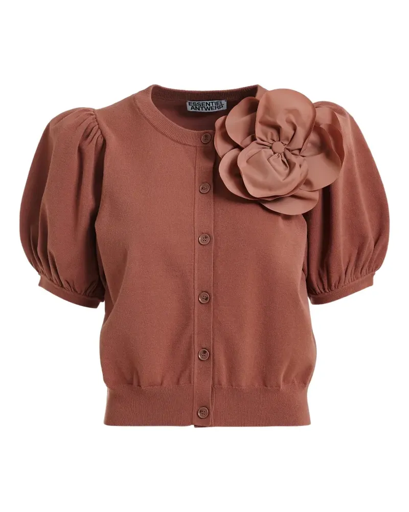 Essentiel flower-brooch puff-sleeve cardigan - Braun Braun
